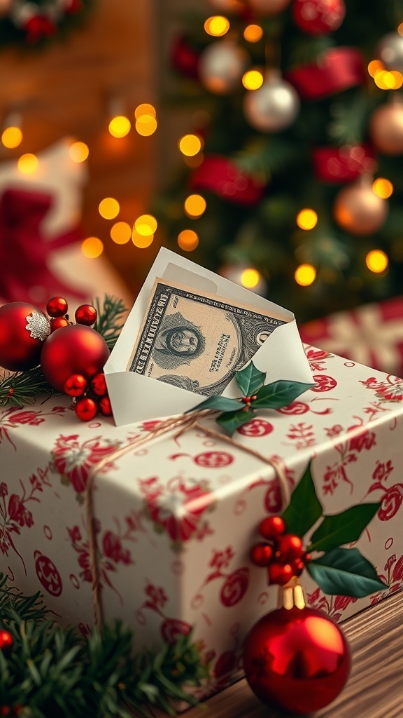 A decorative envelope with cash for Christmas, surrounded by holiday decorations.